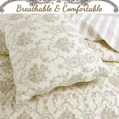 French Medallion Ivory Scalloped Edge Cotton 3-piece Reversible Quilt Bedding Set
