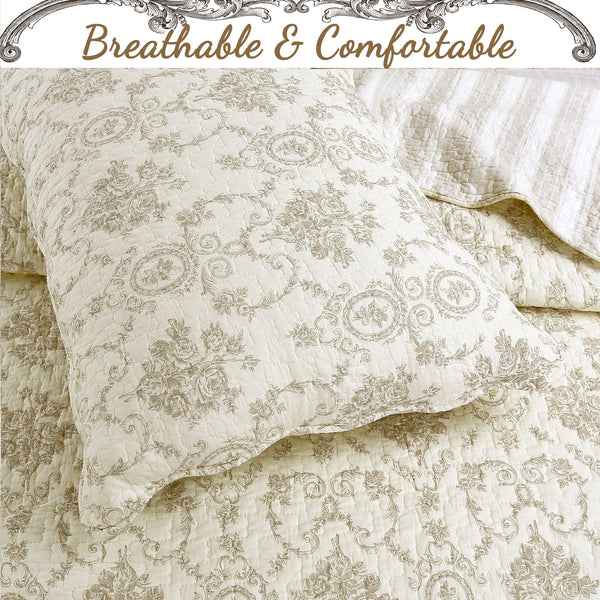 French Medallion Ivory Scalloped Edge Cotton 3-piece Reversible Quilt Bedding Set