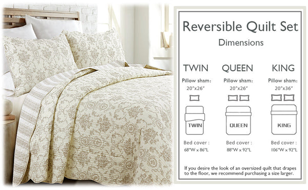French Medallion Ivory Scalloped Edge Cotton 3-piece Reversible Quilt Bedding Set