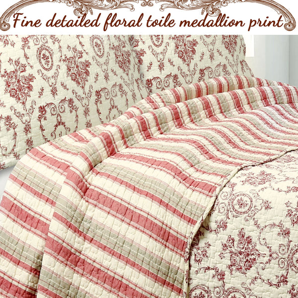 French Medallion Red Scalloped Edge Cotton 3-piece Reversible Quilt Bedding Set