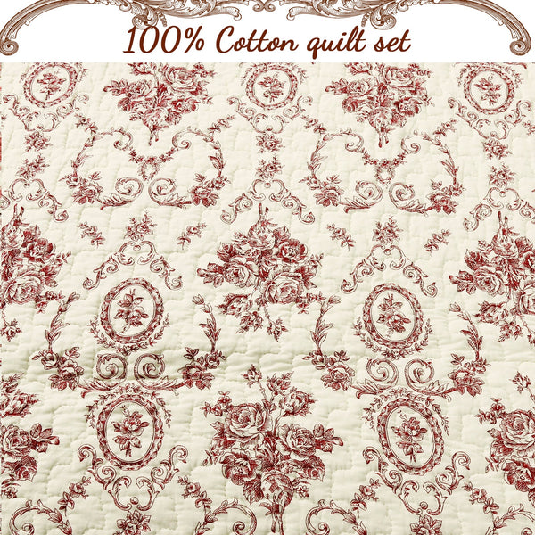 French Medallion Red Scalloped Edge Cotton 3-piece Reversible Quilt Bedding Set