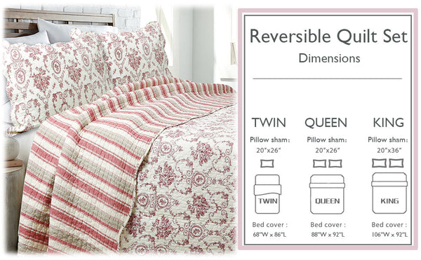 French Medallion Red Scalloped Edge Cotton 3-piece Reversible Quilt Bedding Set