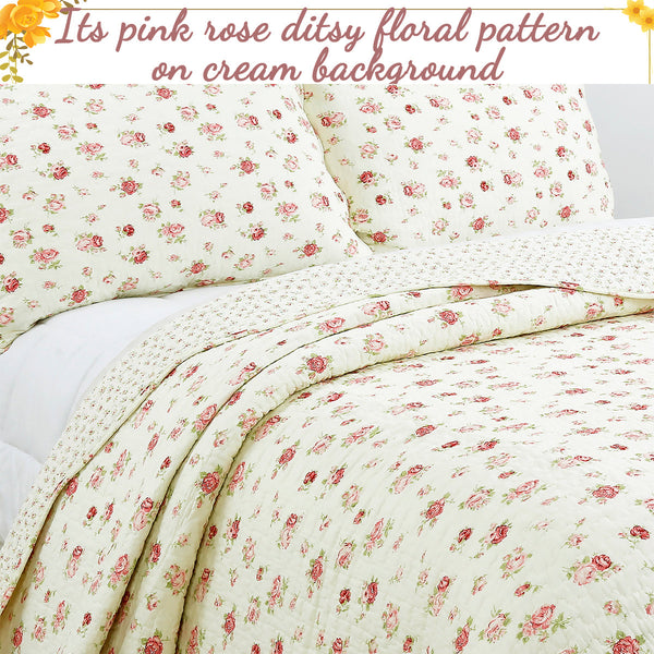 Pink Rose Garden Floral Cotton 3-piece Reversible Quilt Bedding Set
