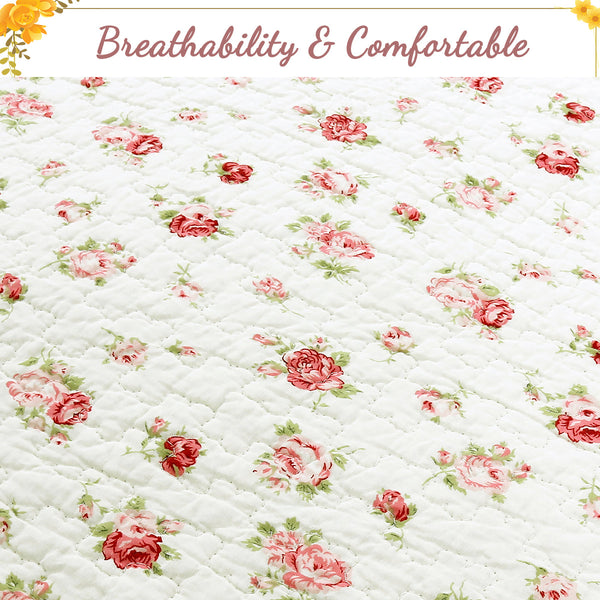Pink Rose Garden Floral Cotton 3-piece Reversible Quilt Bedding Set
