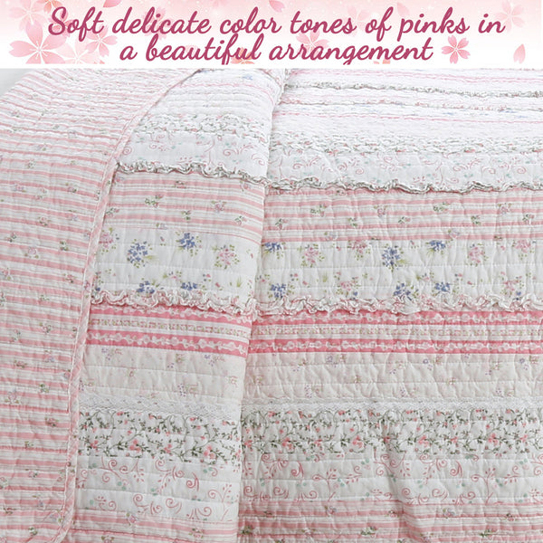 Romantic Chic Lace Ruffle Pink Real Patchwork Cotton Reversible Quilt Bedding Set