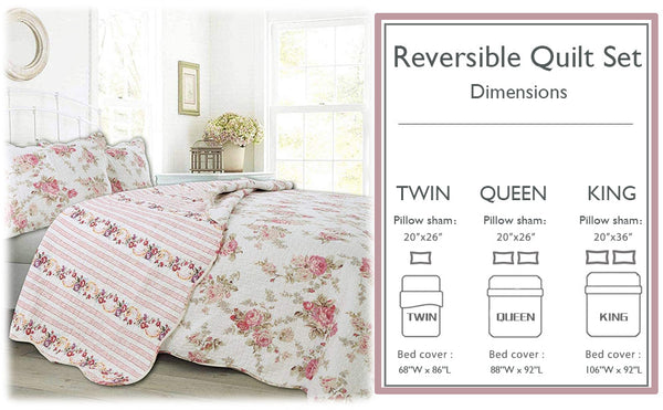 Spring Rose Floral Scalloped 3-Piece Cotton Reversible Quilt Bedding Set
