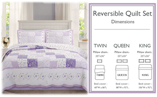 Love of Lilac Lavender Floral Real Patchwork Purple Scalloped Cotton 3-Piece Reversible Quilt Bedding Set