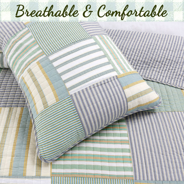 Spa Striped Real Patchwork Cotton Reversible Quilt Bedding Set