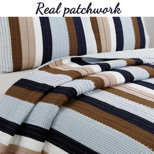 Nathan Stripe Blue Brown Real Patchwork Cotton Reversible Quilt Bedding Set