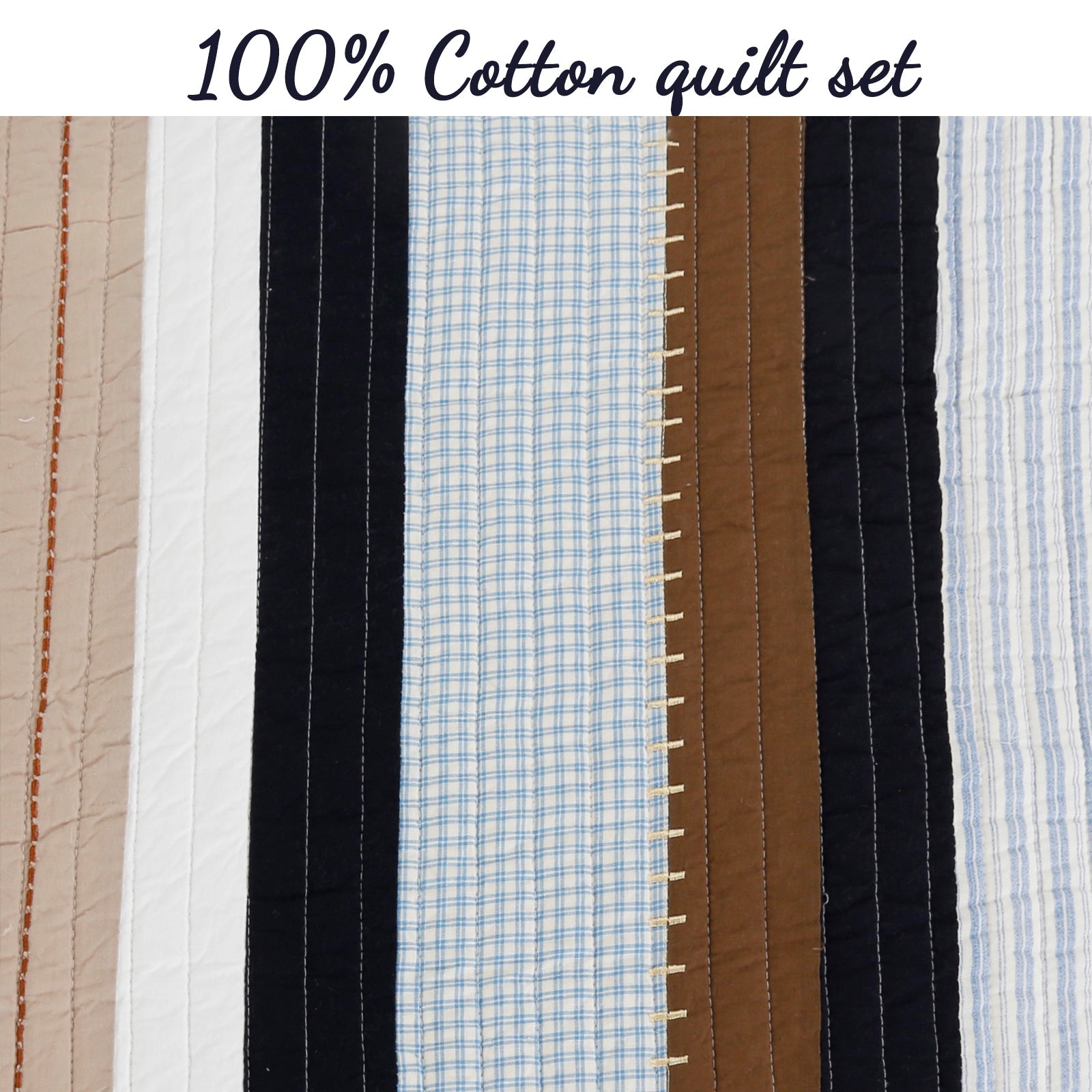 Nathan Stripe Blue Brown Real Patchwork Cotton Reversible Quilt Bedding Set