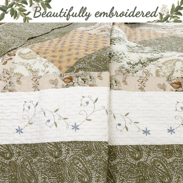 Grace Sage Green Real Patchwork Embroidered Scalloped Edge Cotton Reversible Quilt Bedding Set