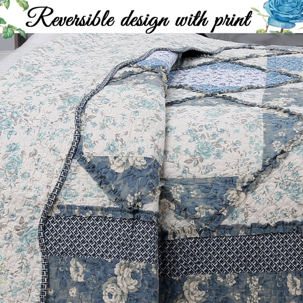 Moyers Blue Ruffle Real Patchwork Scalloped Edge Cotton 3-Piece Reversible Quilt Bedding Set