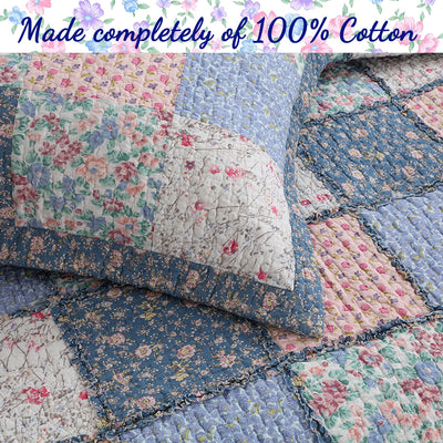 Mraz Blue Pink Ruffle Real Patchwork Cotton 3-Piece Reversible Quilt Bedding Set