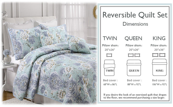 Porcelain Vase Cotton 3-Piece Reversible Quilt Bedding Set