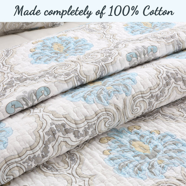 Blue Floral Medallion Cotton 3-Piece Reversible Quilt Bedding Set