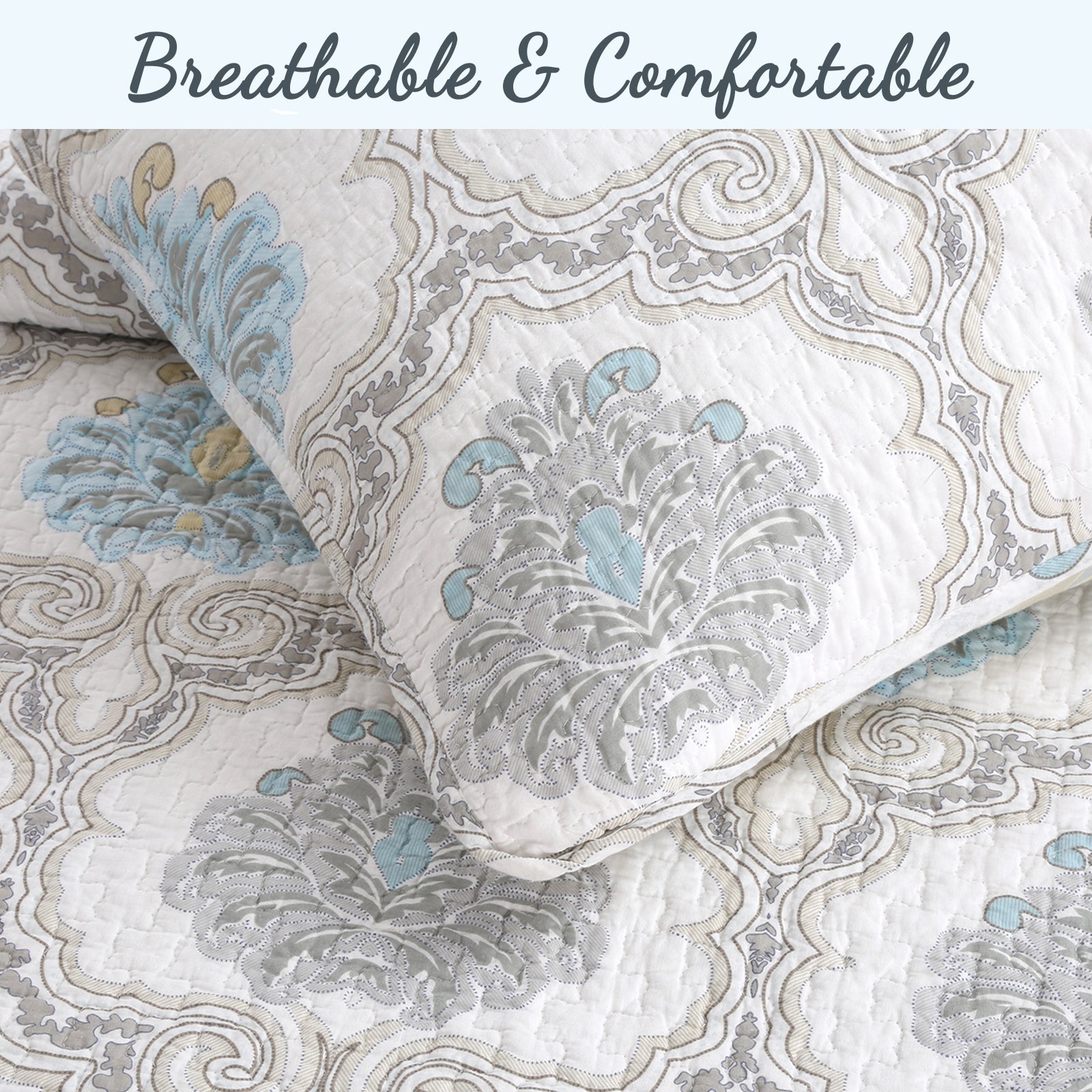 Blue Floral Medallion Cotton 3-Piece Reversible Quilt Bedding Set