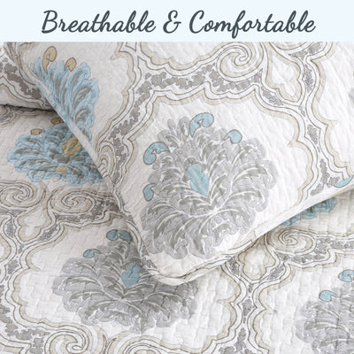 Blue Floral Medallion Cotton 3-Piece Reversible Quilt Bedding Set
