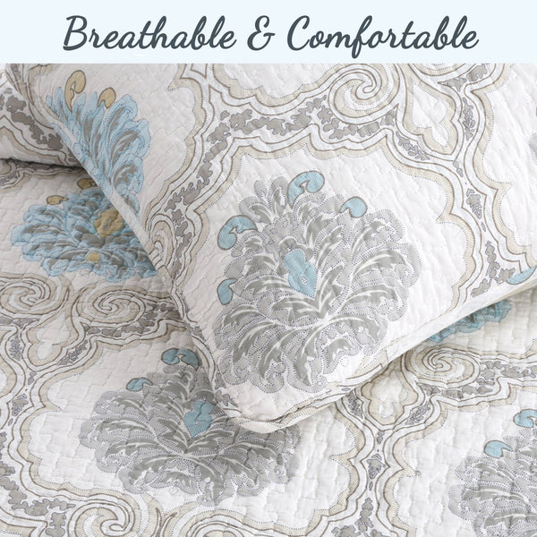 Blue Floral Medallion Cotton 3-Piece Reversible Quilt Bedding Set