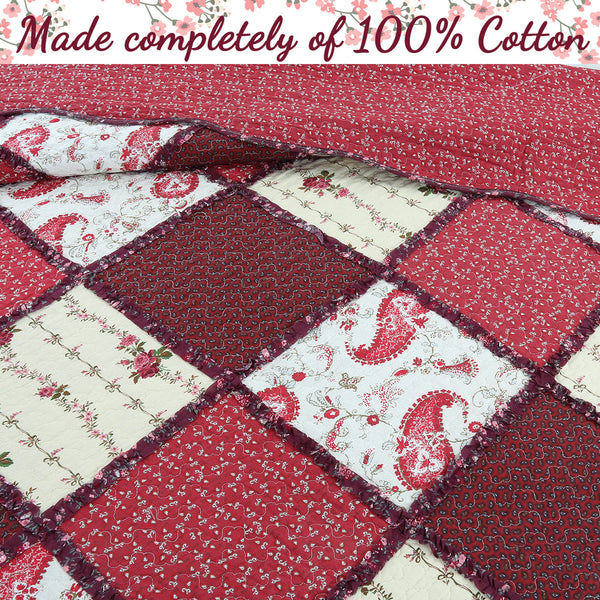 Pineiro Red Floral Real Patchwork Cotton 3-Piece Reversible Quilt Bedding Set