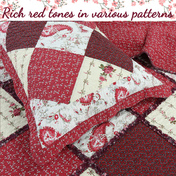 Pineiro Red Floral Real Patchwork Cotton 3-Piece Reversible Quilt Bedding Set
