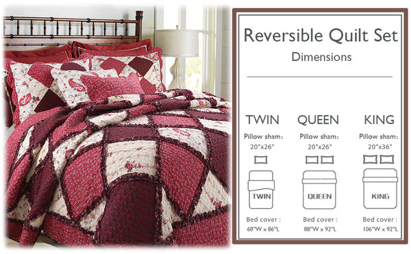 Pineiro Red Floral Real Patchwork Cotton 3-Piece Reversible Quilt Bedding Set