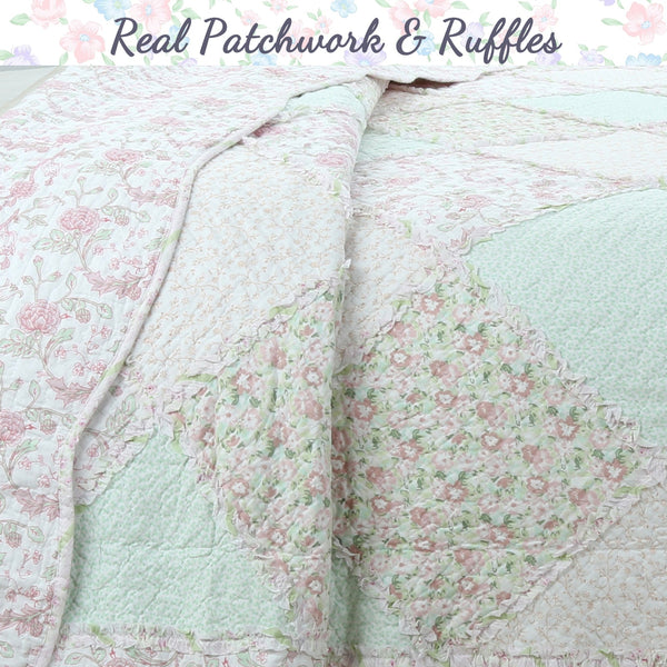 Banner Pink Floral Ruffle Real Patchwork Scalloped Edge Cotton Reversible Quilt Bedding Set