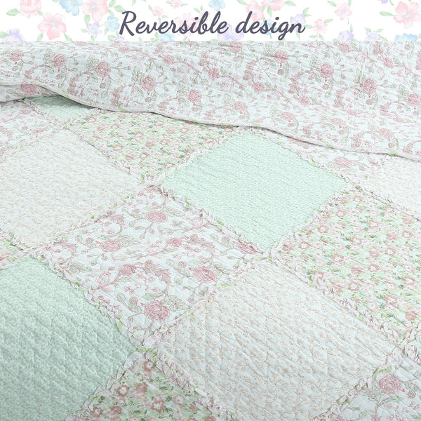 Banner Pink Floral Ruffle Real Patchwork Scalloped Edge Cotton Reversible Quilt Bedding Set