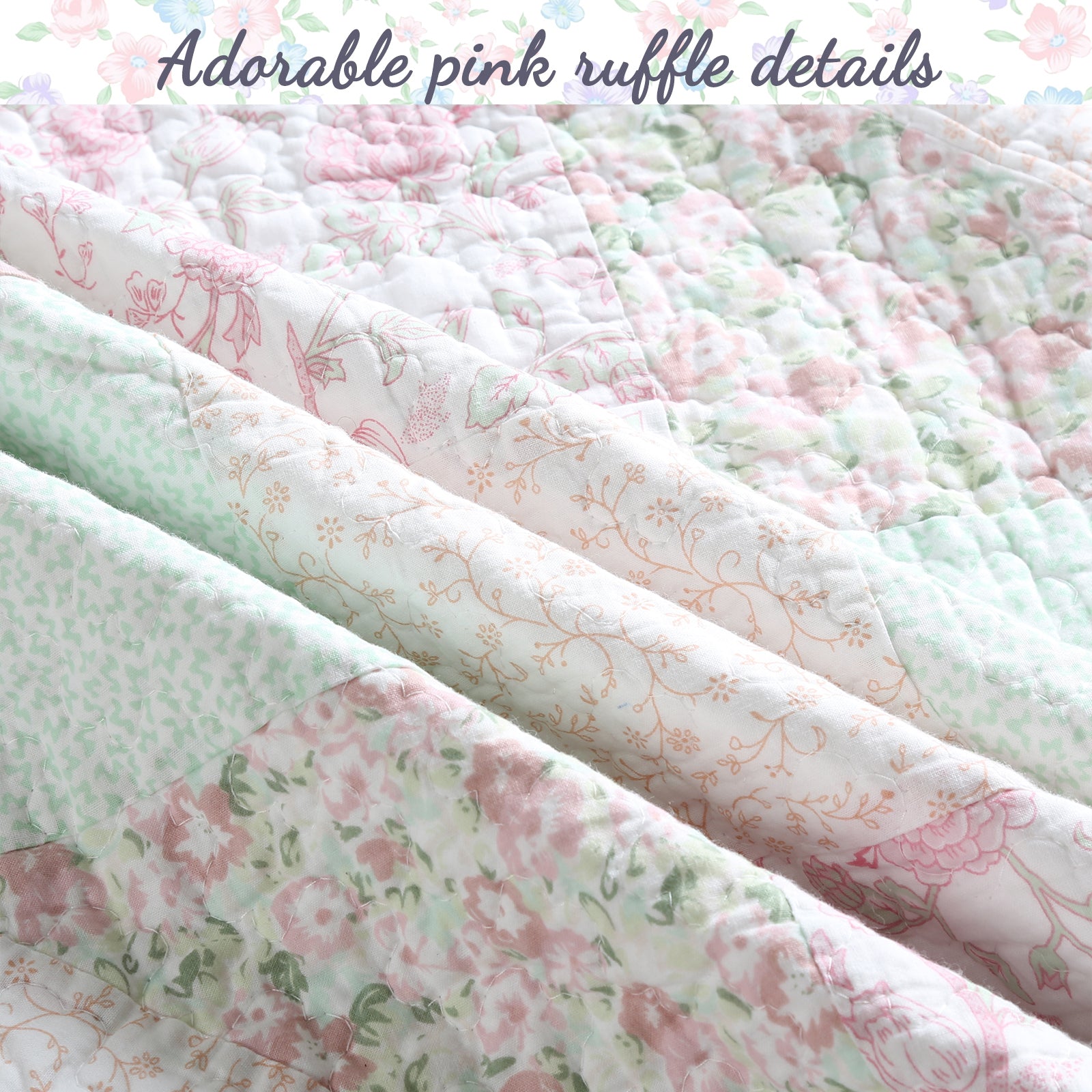 Banner Pink Floral Ruffle Real Patchwork Scalloped Edge Cotton Reversible Quilt Bedding Set
