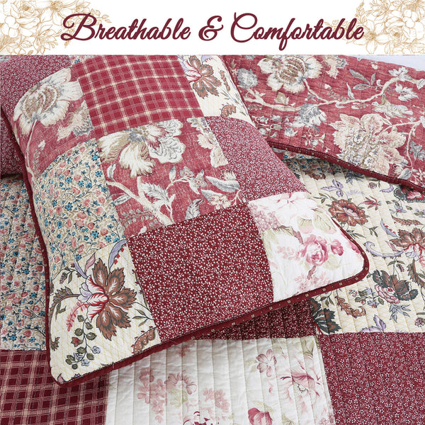 Stockwood Red Real Patchwork 3-Piece Cotton Reversible Quilt Bedding Set