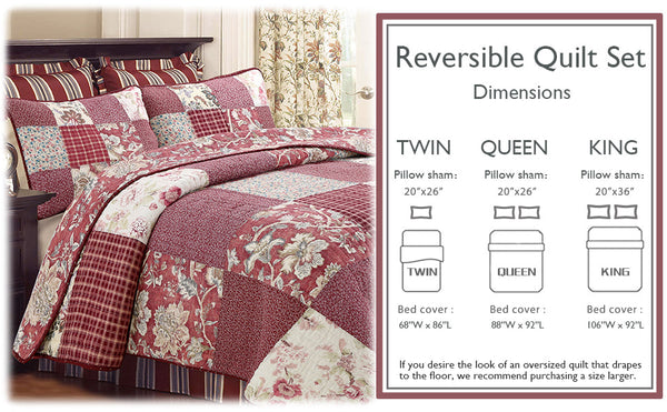 Stockwood Red Real Patchwork 3-Piece Cotton Reversible Quilt Bedding Set