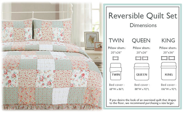 Mucci Floral Ruffle Real Patchwork Cotton 3-Piece Reversible Quilt Bedding Set