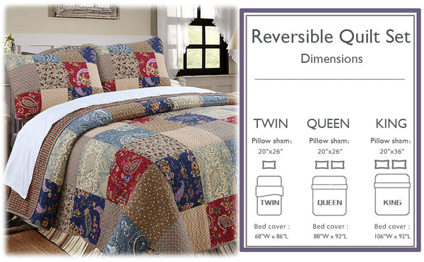 Hyler Sanders Floral Paisley Real Patchwork 3-Piece Cotton Reversible Quilt Bedding Set