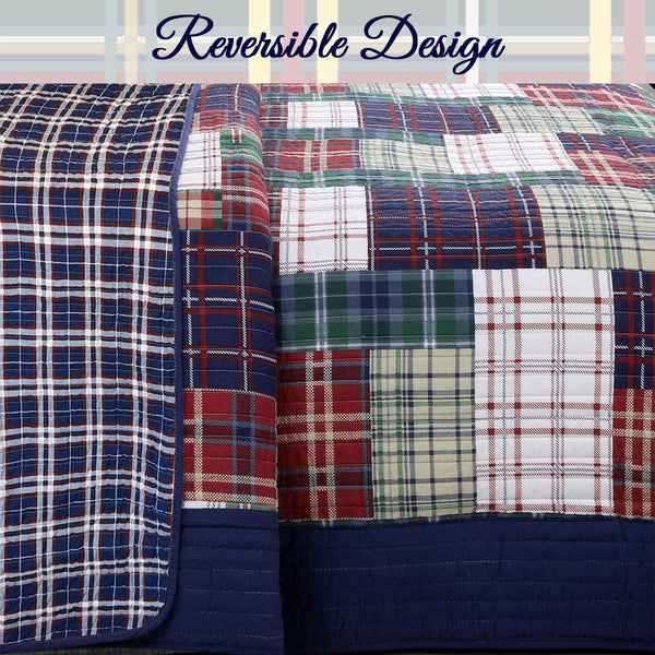 Hepler Plaid Print Patchwork Cotton Reversible Quilt Bedding Set