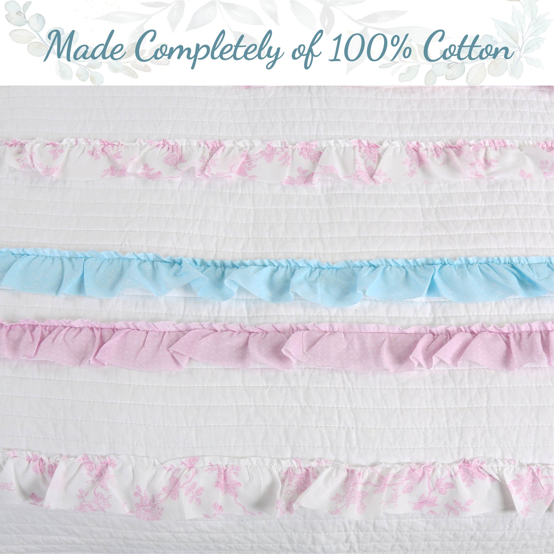 Devers Ruffles White Pink Blue Cotton Reversible Quilt Bedding Set