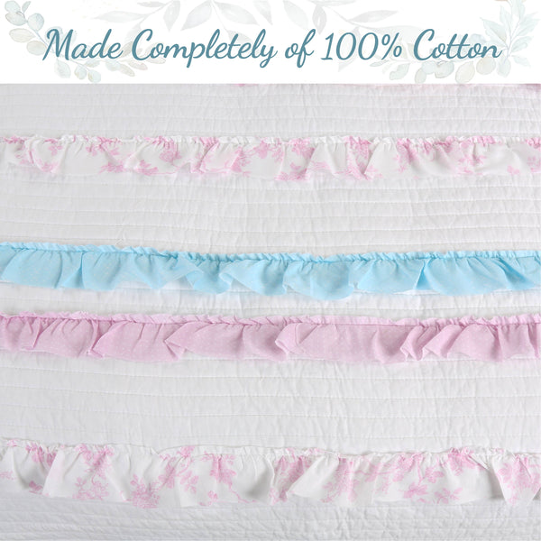 Devers Ruffles White Pink Blue Cotton Reversible Quilt Bedding Set