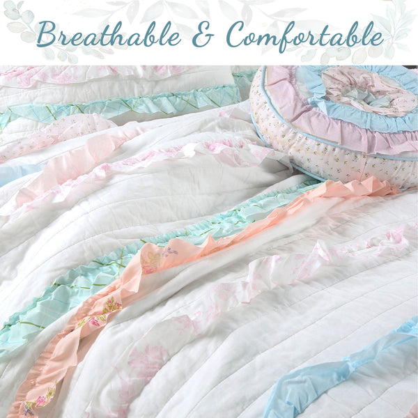 Devers Ruffles White Pink Blue Cotton Reversible Quilt Bedding Set