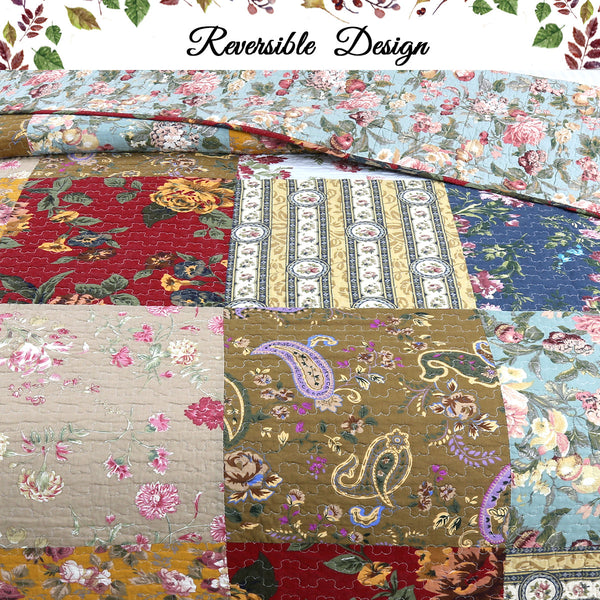Ryleigh Floral Real Patchwork Country Garden Fall Flowers Paisley 3-Piece Cotton Reversible Quilt Bedding Set