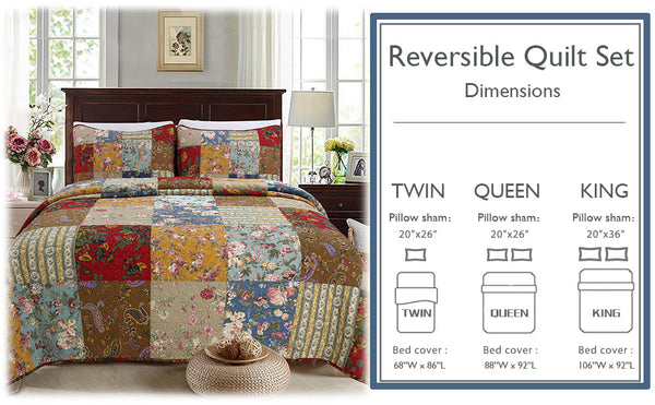 Ryleigh Floral Real Patchwork Country Garden Fall Flowers Paisley 3-Piece Cotton Reversible Quilt Bedding Set