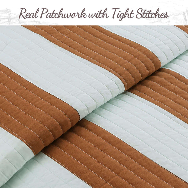 Elaina Brick Red Aqua Striped 3-Piece Cotton Reversible Quilt Bedding Set