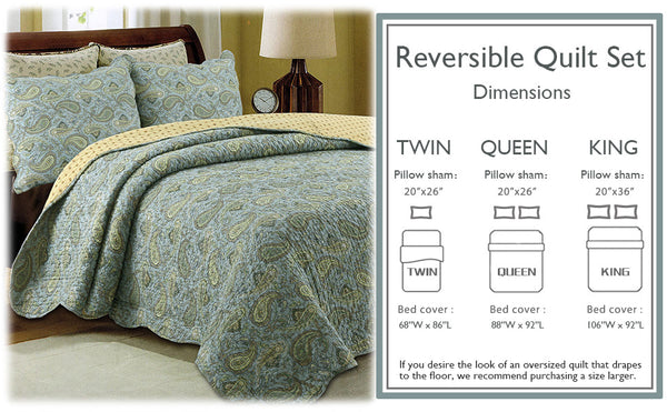 Green Blue Persian Paisley Scalloped Cotton 3-Piece Reversible Quilt Bedding Set