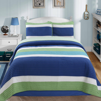 Waylon Blue Green Stripe Real Patchwork Cotton Reversible Quilt Bedding Set