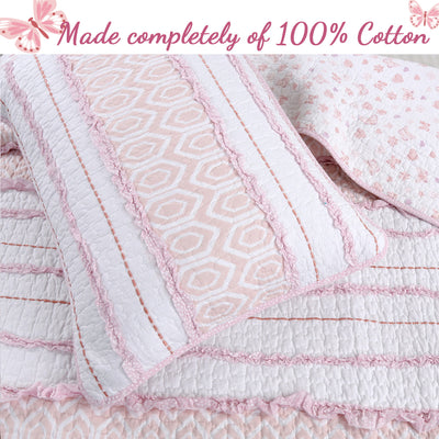 Pretty in Pink Girly Princess Ruffled Star Ogee Stripe Real Patchwork Cotton Reversible Quilt Bedding Set