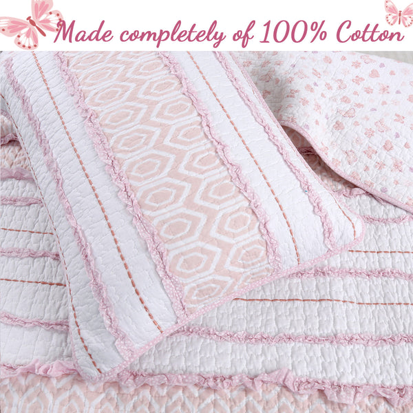 Pretty in Pink Girly Princess Ruffled Star Ogee Stripe Real Patchwork Cotton Reversible Quilt Bedding Set