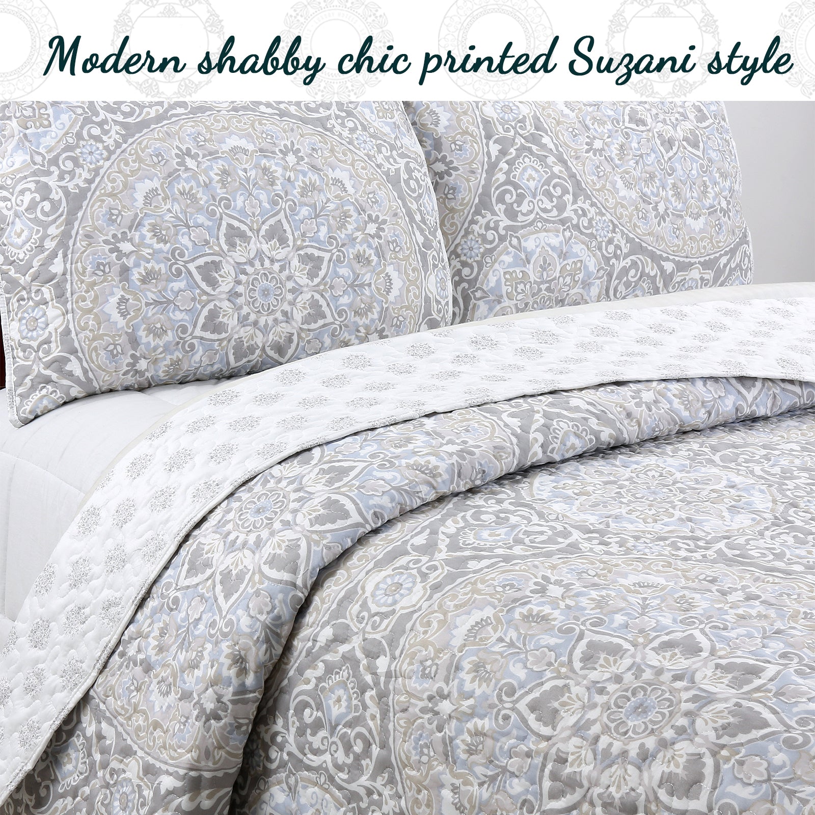 Venetia Gray Medallion 3-Piece Reversible Quilt Bedding Set