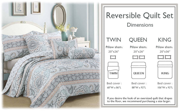 Peach Paisley Print Grey Aqua Blue Floral 3-Piece Reversible Quilt Bedding Set