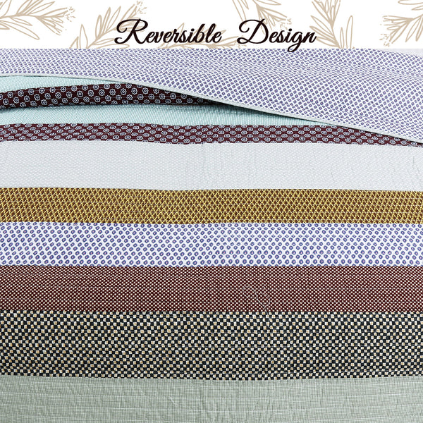 Nesco Striped Purple Green Brown Cotton 3-Piece Reversible Quilt Bedding Set