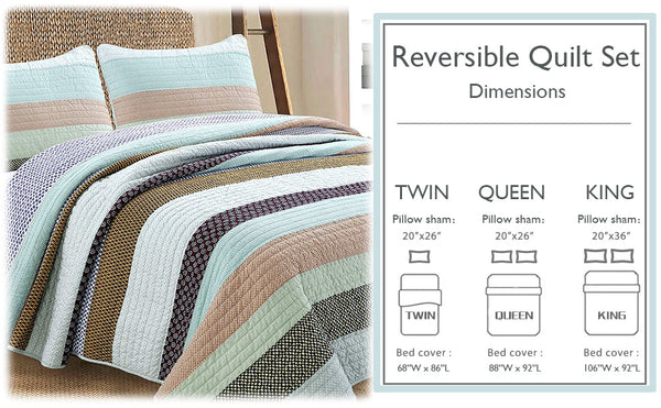 Nesco Striped Purple Green Brown Cotton 3-Piece Reversible Quilt Bedding Set
