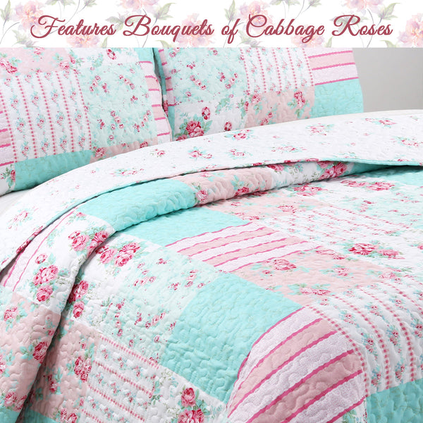 Tiffany Pink Blossom Floral Garden Girl Print Patchwork Reversible Quilt Bedding Set