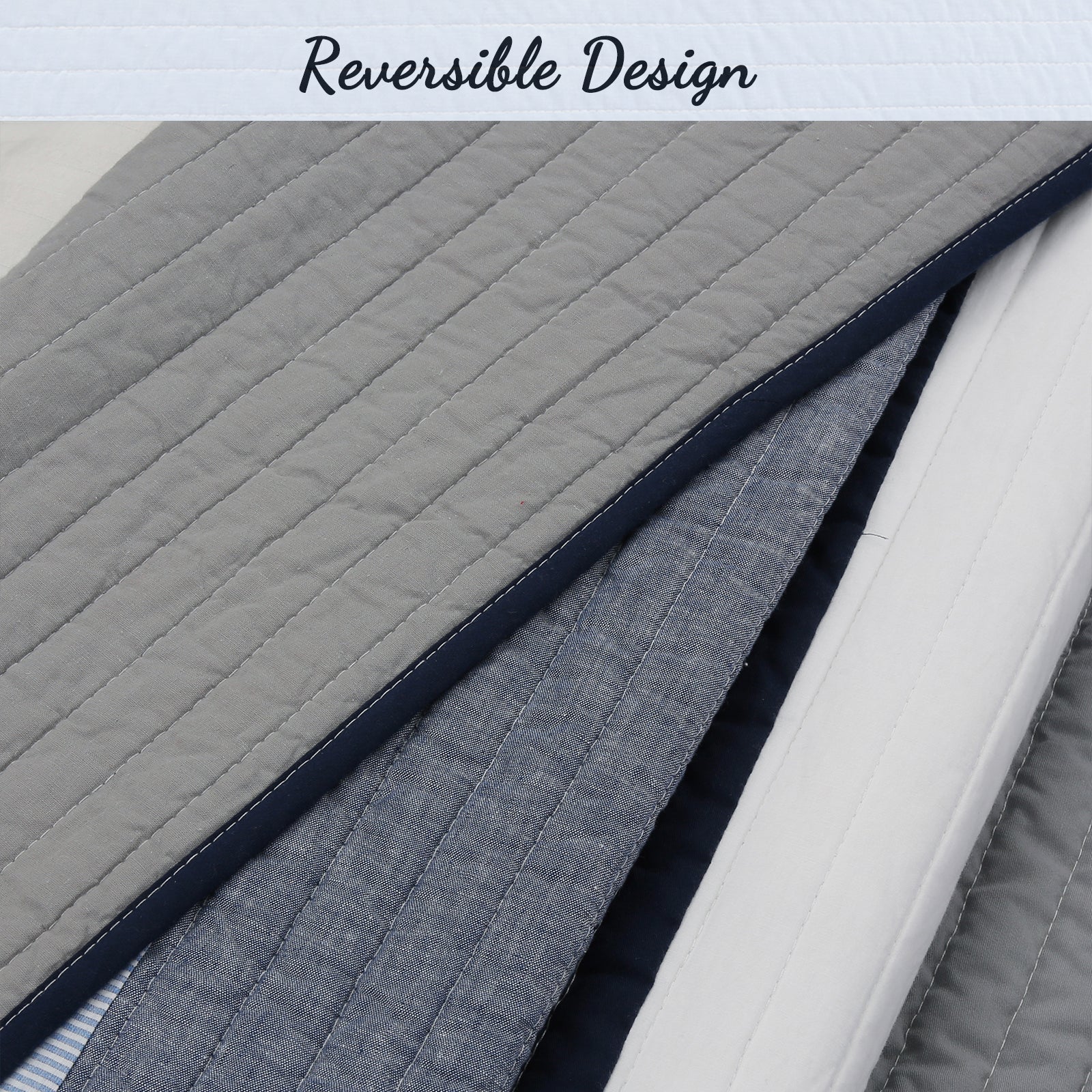 Tranquil Blue Gray Stripe Real Patchwork Cotton Reversible Quilt Bedding Set