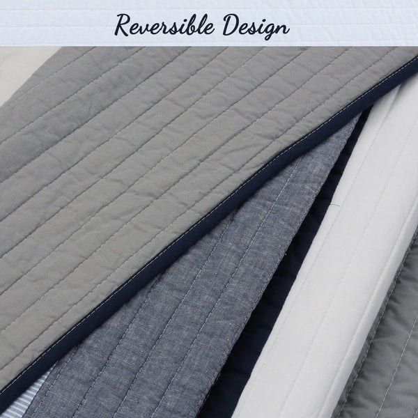 Tranquil Blue Gray Stripe Real Patchwork Cotton Reversible Quilt Bedding Set